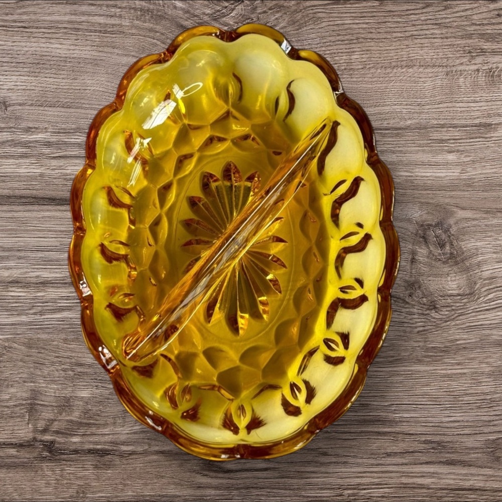 Vintage 1970’s Anchor Hocking Oval Amber Glass Divided Relish Tray